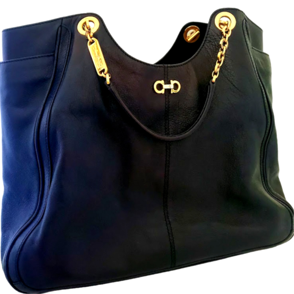 Salvatore Ferragamo Large Black Leather Tote Shoulder Handbag-Betulla-Used